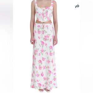 Nwot Wayf Rose Print Linen Blend Maxi Skirt